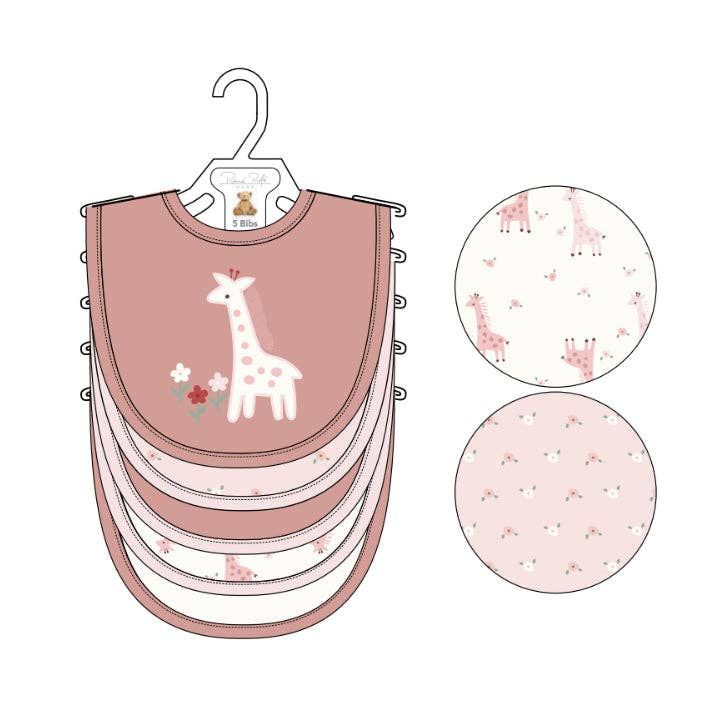 5 Pack Giraffe Pattern Soft Cotton Poly Embroidered Baby Bibs