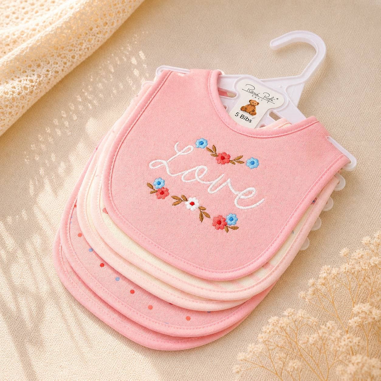 5 Pack Love Pattern Soft Cotton Poly Embroidered Baby Bibs