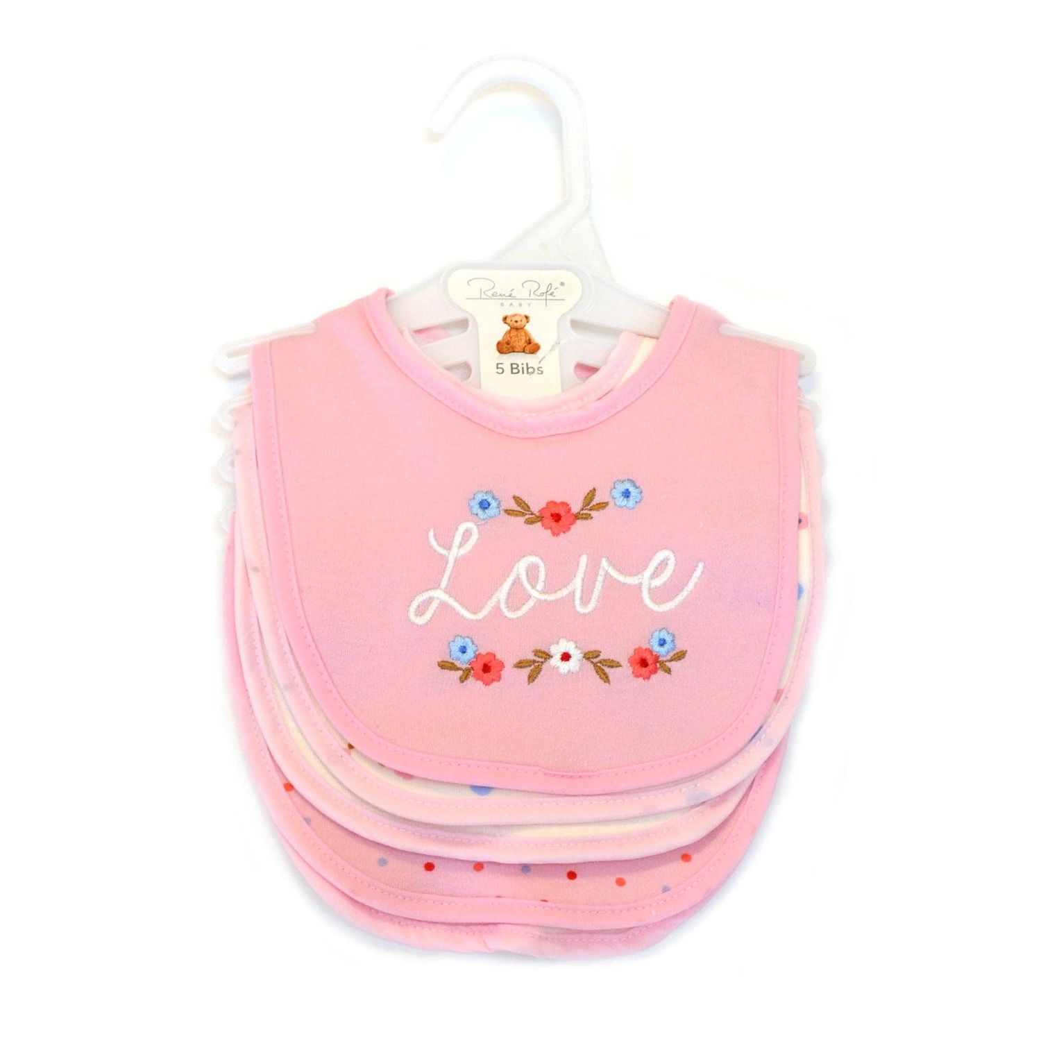 5 Pack Love Pattern Soft Cotton Poly Embroidered Baby Bibs