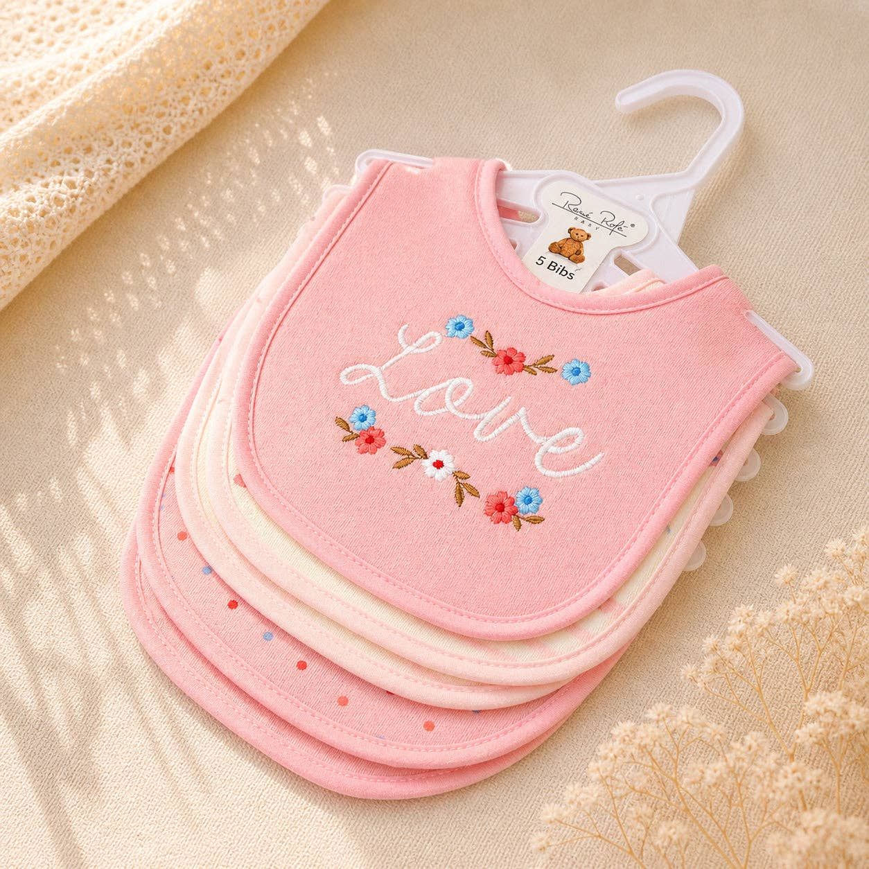 5 Pack Love Pattern Soft Cotton Poly Embroidered Baby Bibs