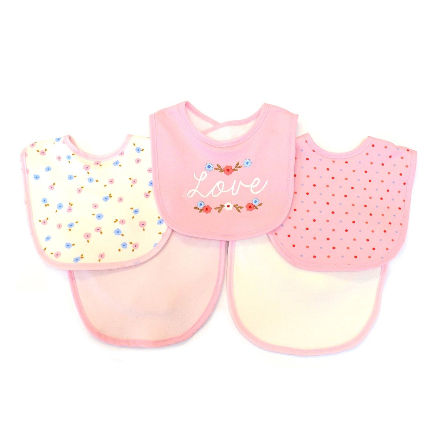 5 Pack Love Pattern Soft Cotton Poly Embroidered Baby Bibs