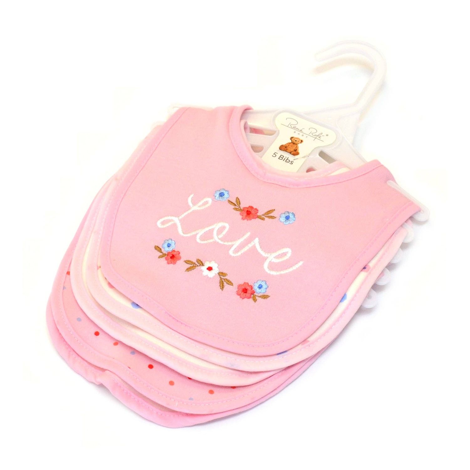 5 Pack Love Pattern Soft Cotton Poly Embroidered Baby Bibs