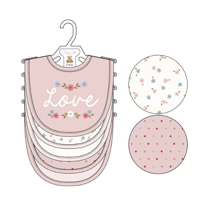 5 Pack Love Pattern Soft Cotton Poly Embroidered Baby Bibs