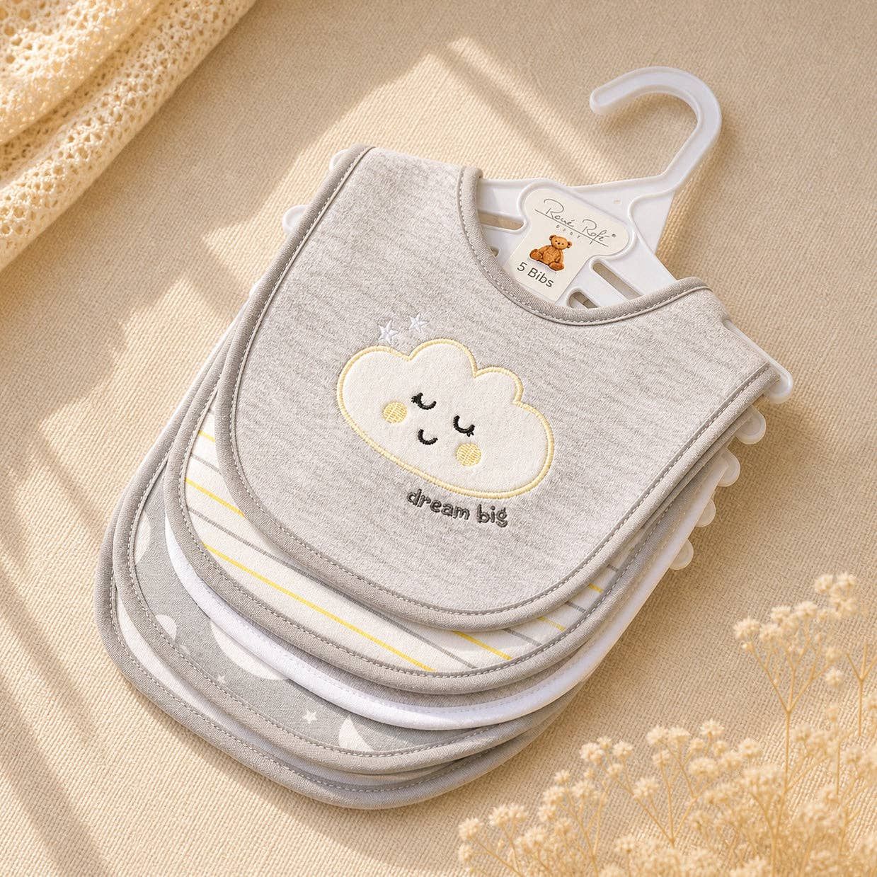 5 Pack Cloud Pattern Soft Cotton Poly Embroidered Baby Bibs