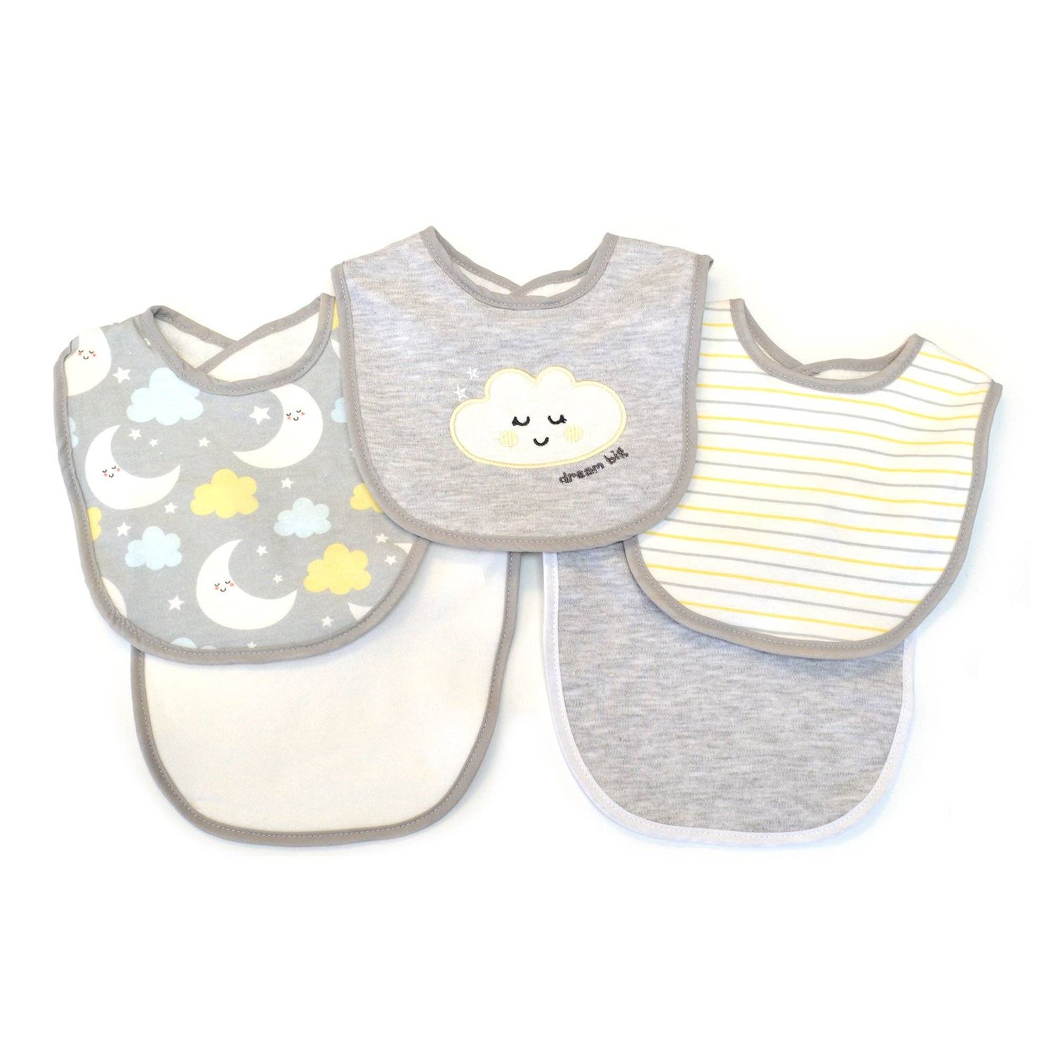 5 Pack Cloud Pattern Soft Cotton Poly Embroidered Baby Bibs