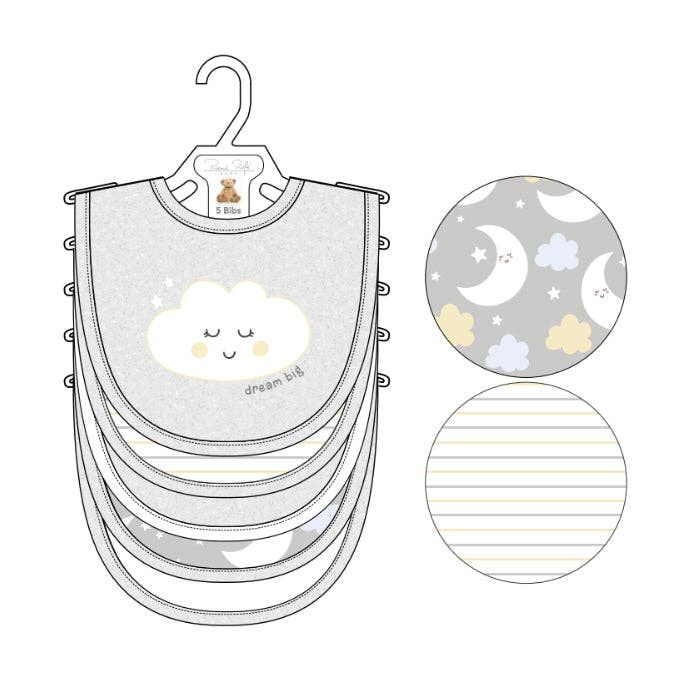 5 Pack Cloud Pattern Soft Cotton Poly Embroidered Baby Bibs