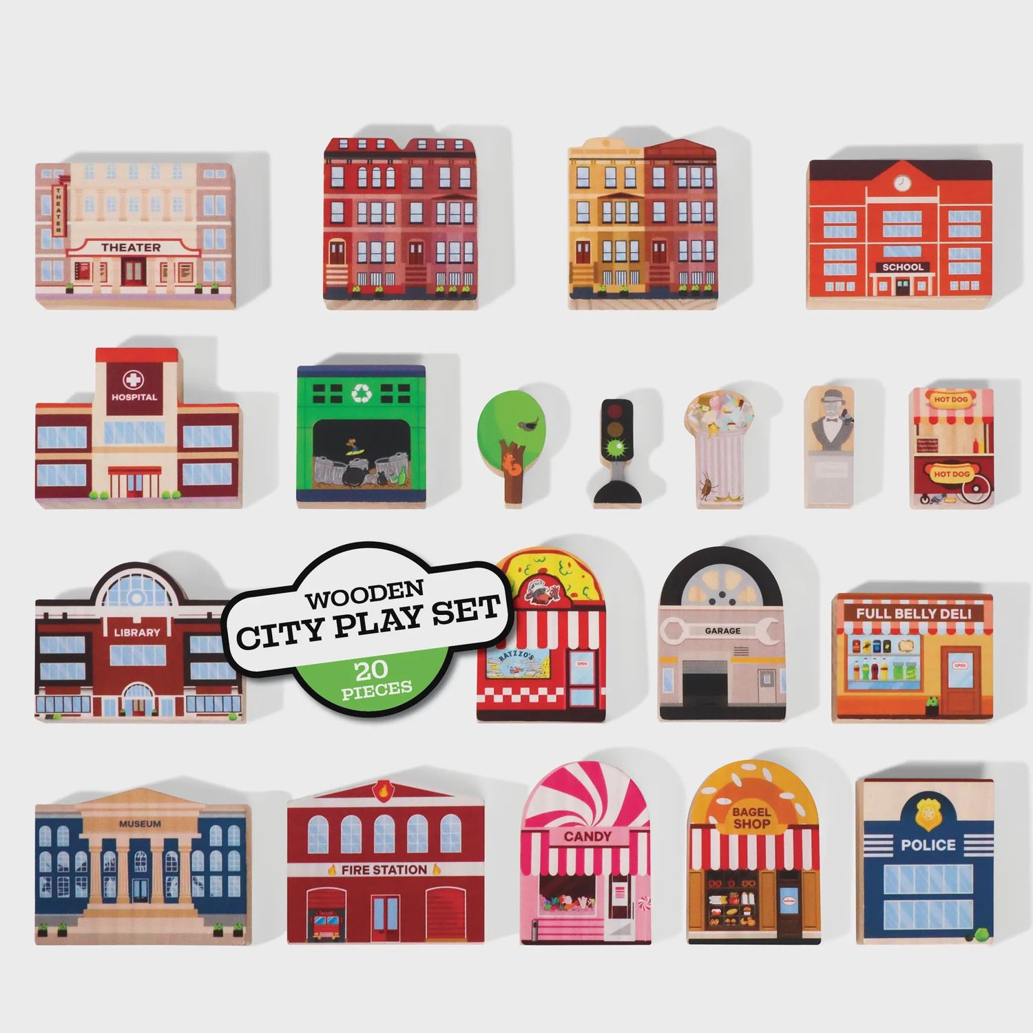20 Piece Wooden City Play Set - Wooden Town Buildings