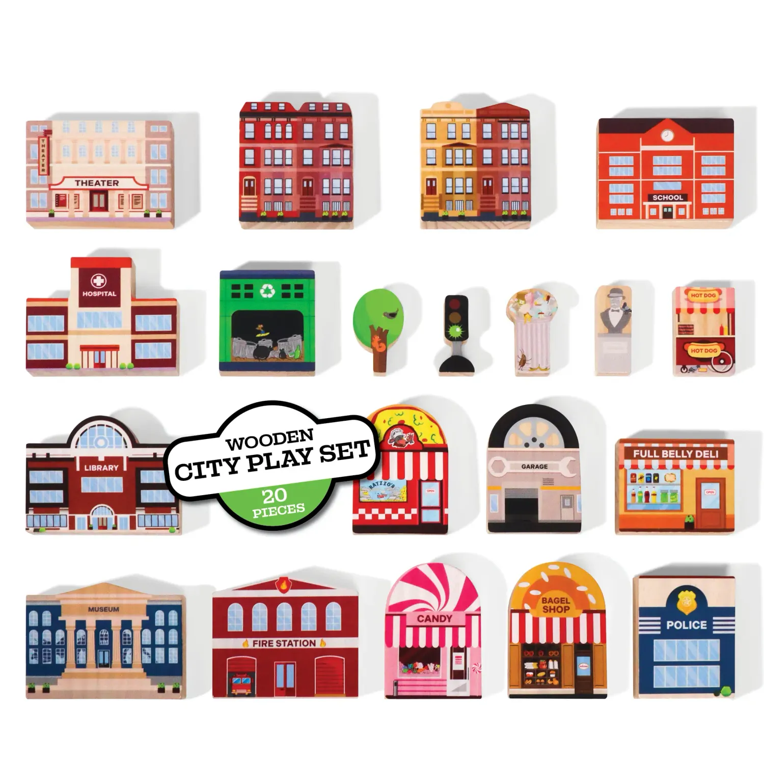 20 Piece Wooden City Play Set - Wooden Town Buildings