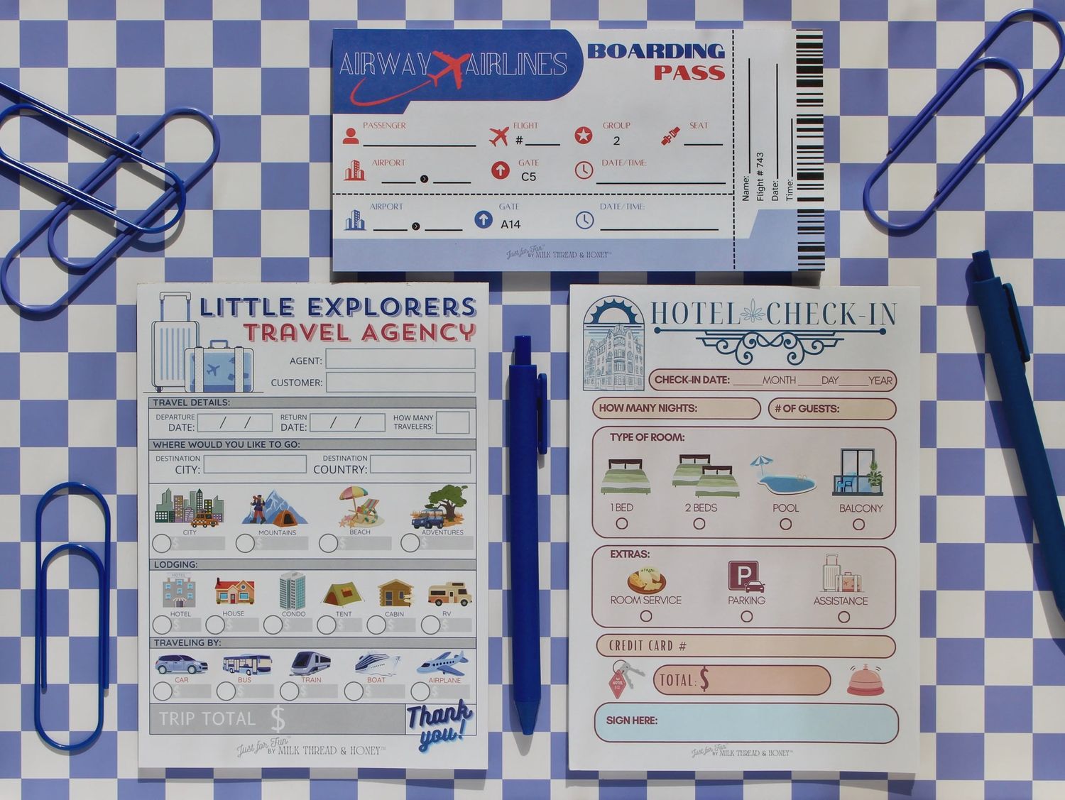 Boarding Pass, Hotel Check-In &amp; Travel Agent Set - Pretend Play Notepads for Kids