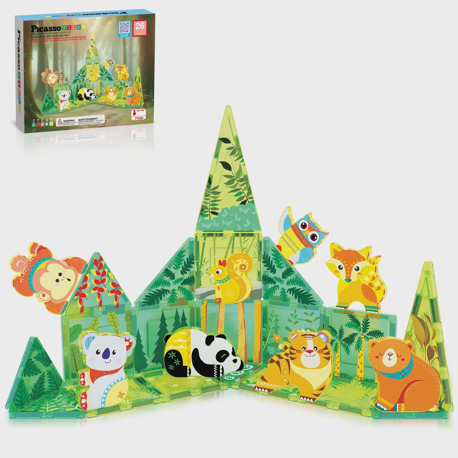 PicassoTiles 26 Piece Forest Animal Magnet Tile Set PTQ26