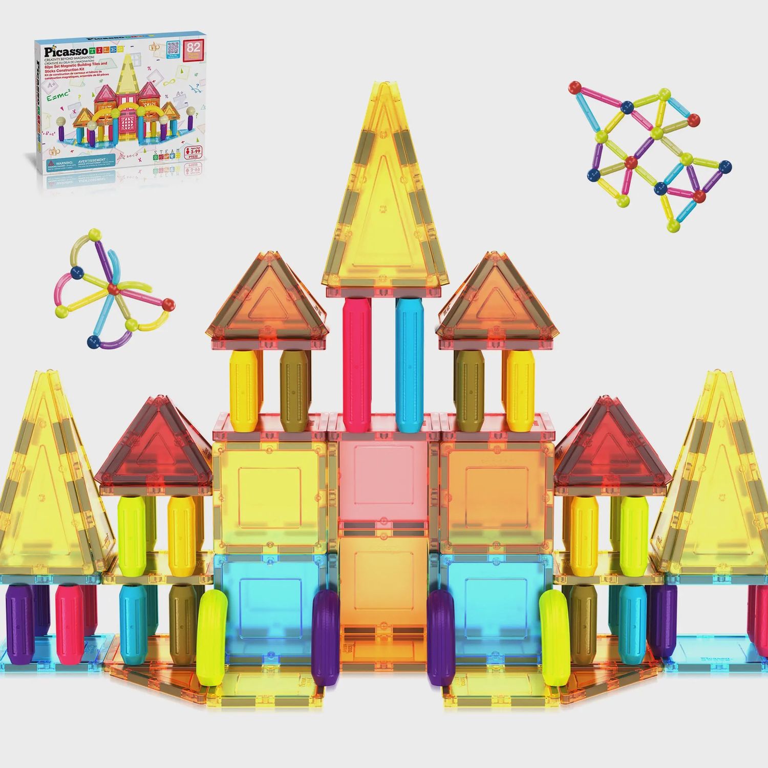 PicassoTiles 82pc Magnetic Tile &amp; Sticks Building Set