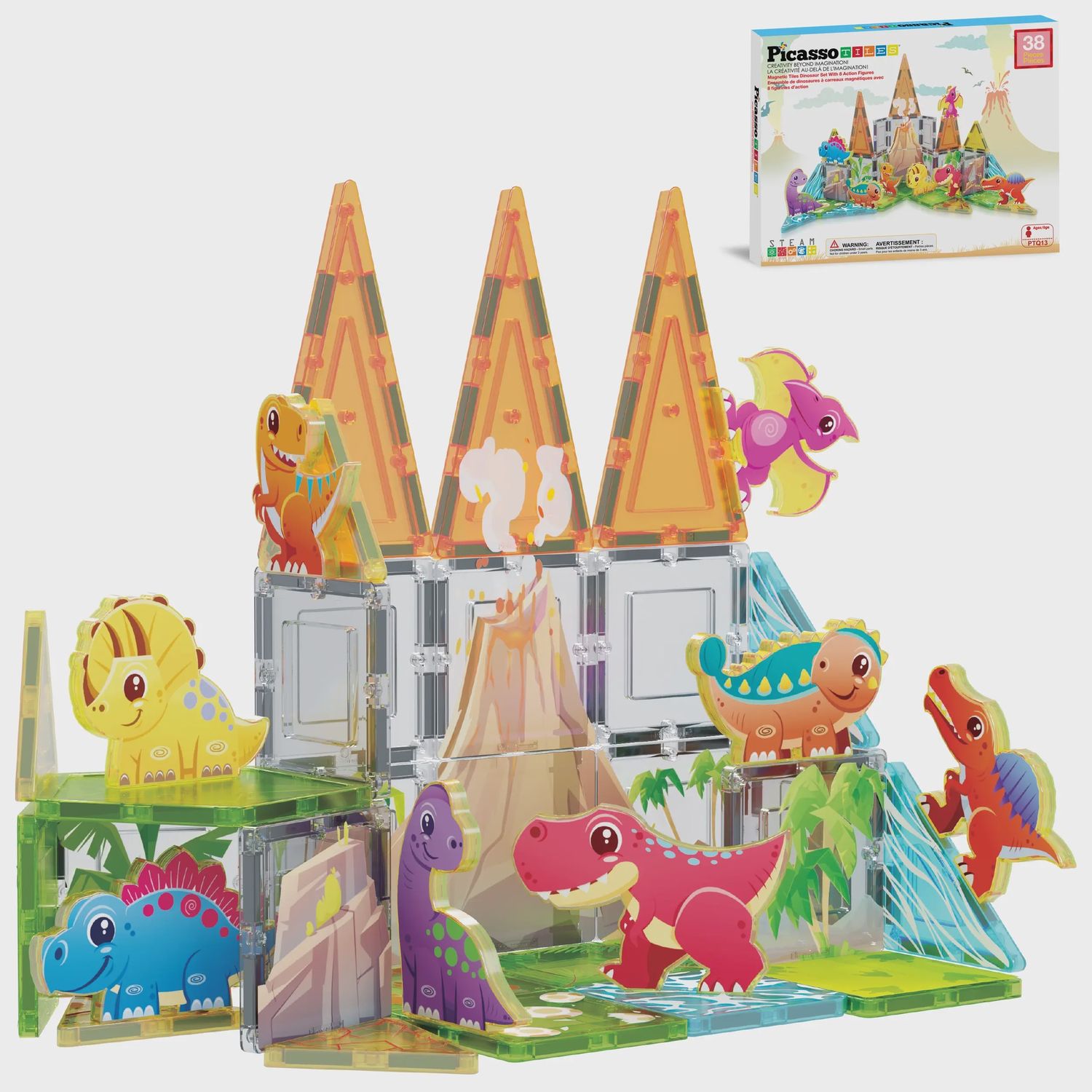 PicassoTiles 38pc Dinosaur Theme Magnetic Tile Building Set