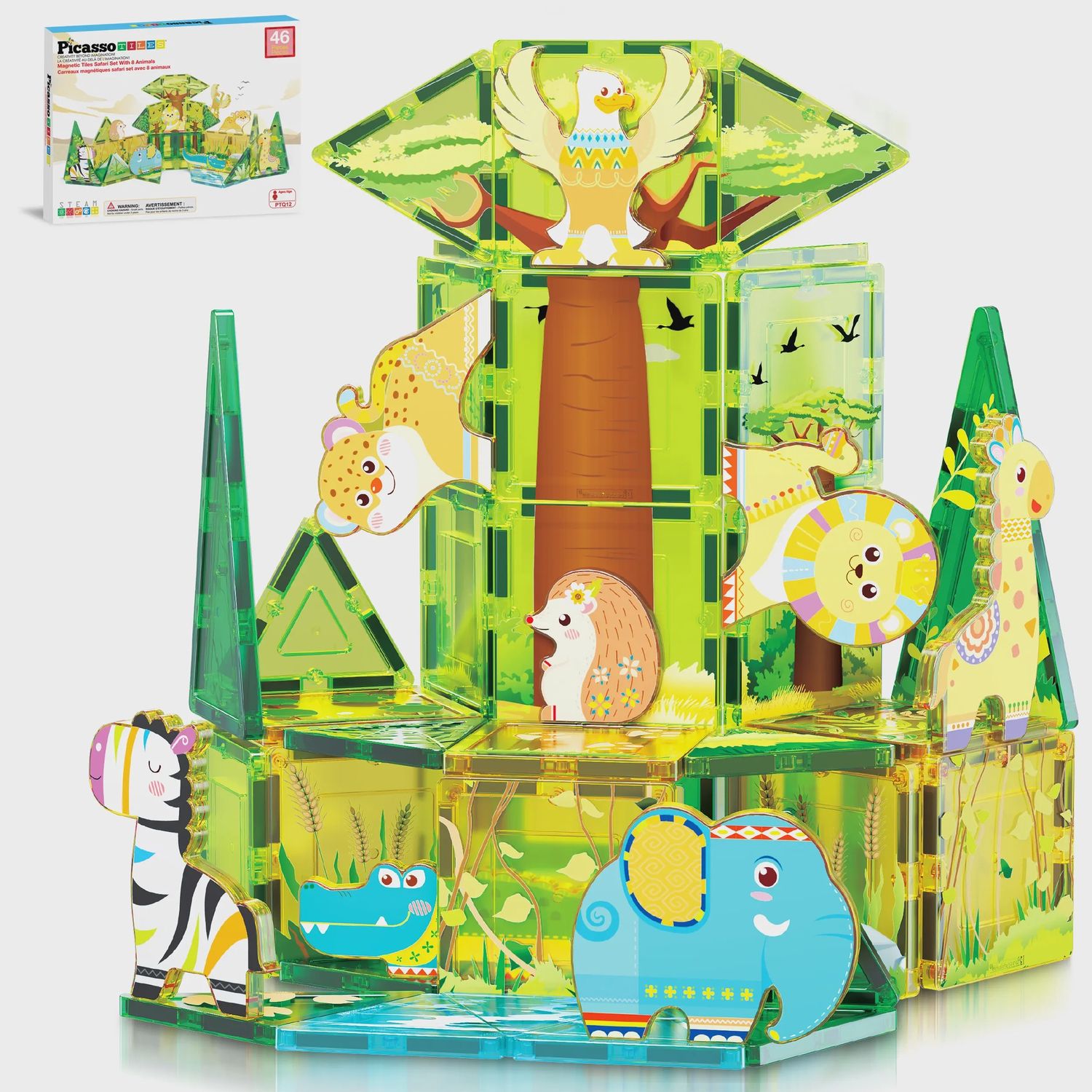 PicassoTiles 46pc Safari Theme Magnetic Tile Building Set