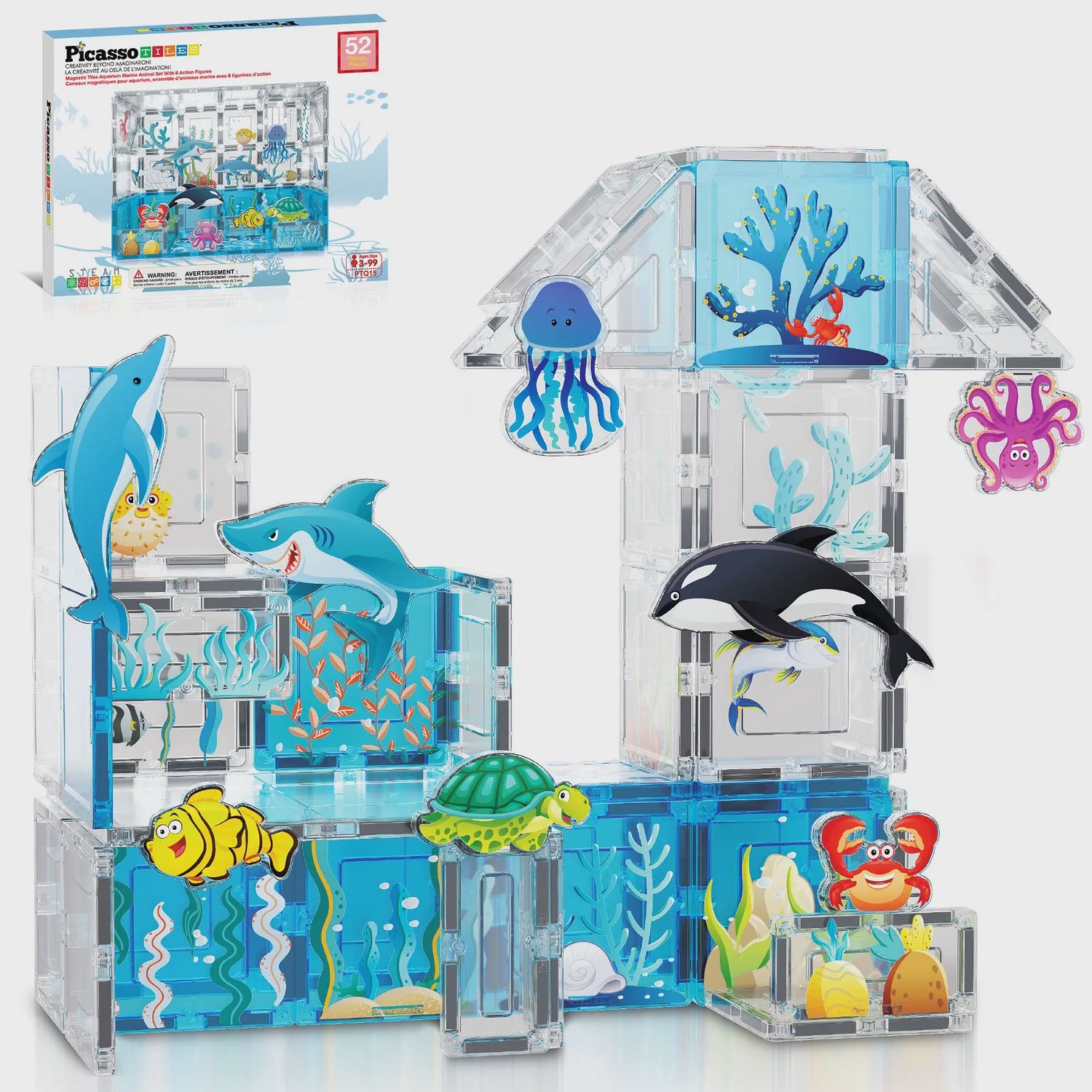 PicassoTiles 52pc Ocean Theme Magnetic Tile Building Set
