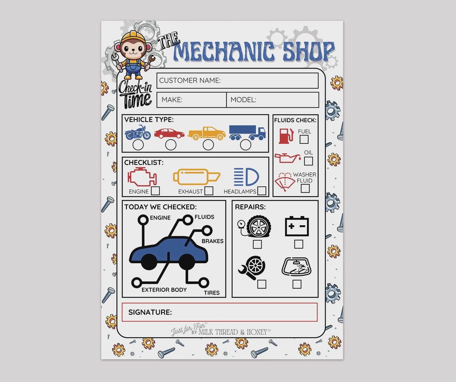 Pretend Play Mechanic Checklist Notepad