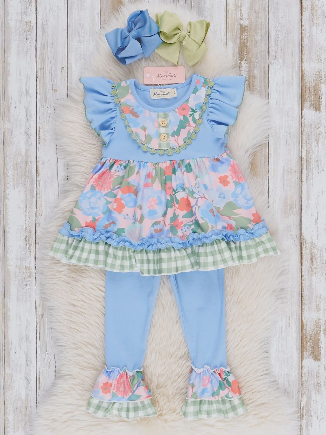 Olive &amp; Blue Watercolor Florals Ruffle Outfit - Restocked!