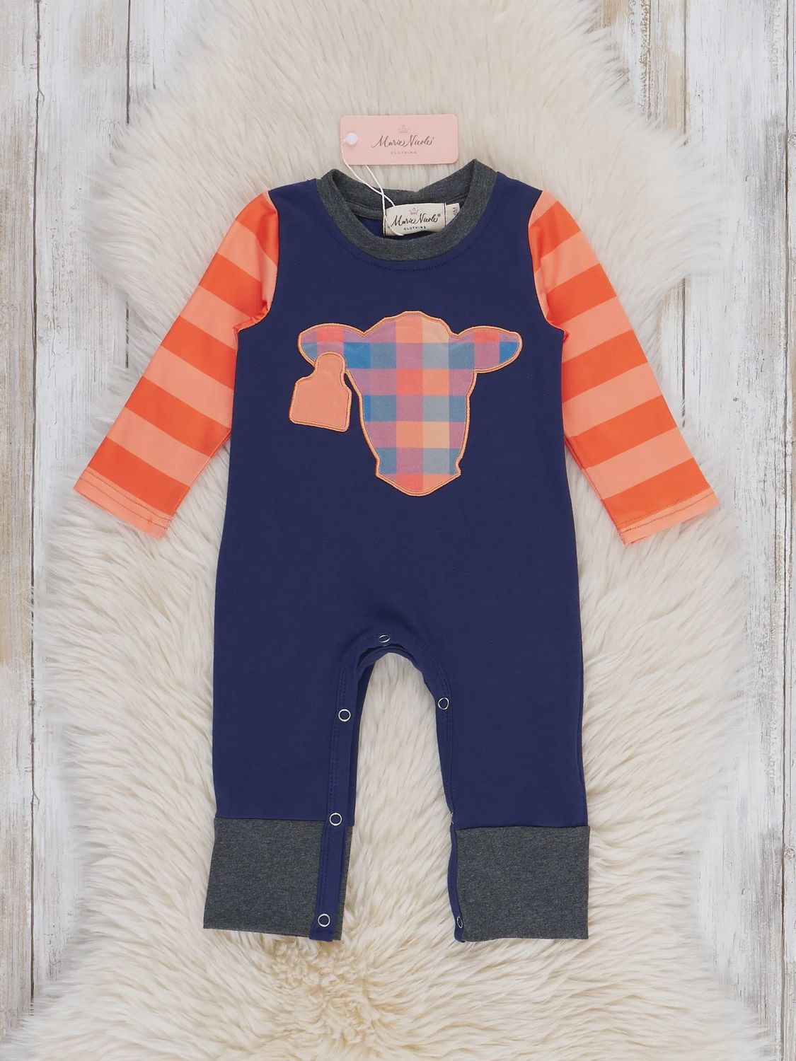 Plaid Pastures Cow Embroidered Romper