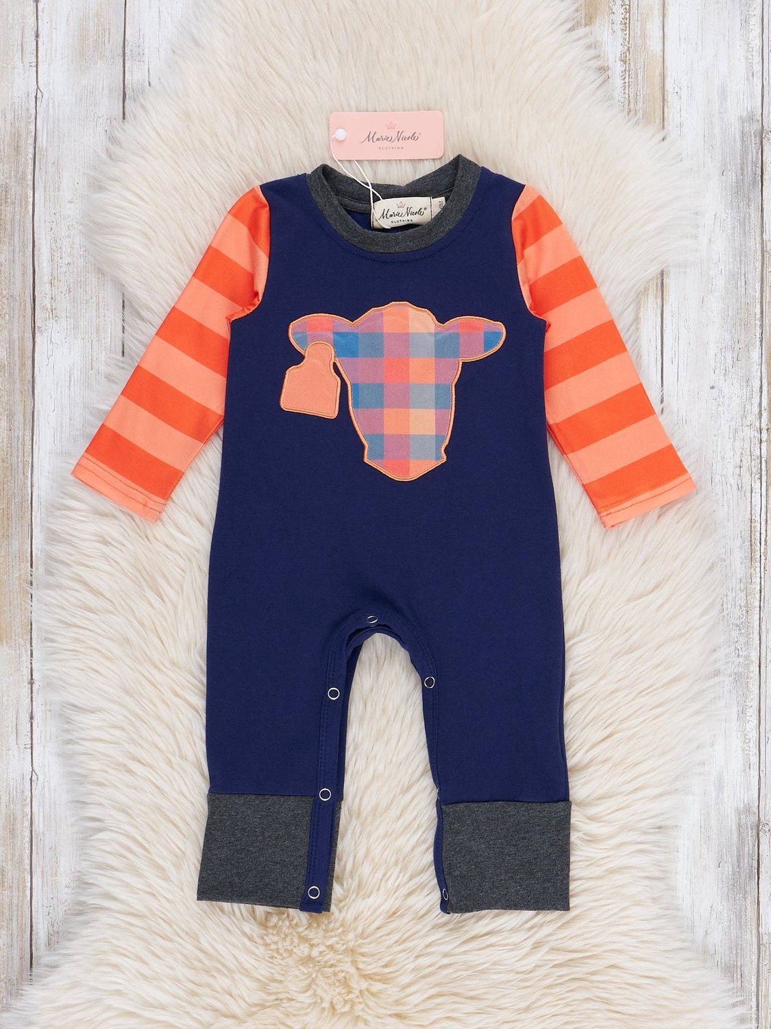 Plaid Pastures Cow Embroidered Romper