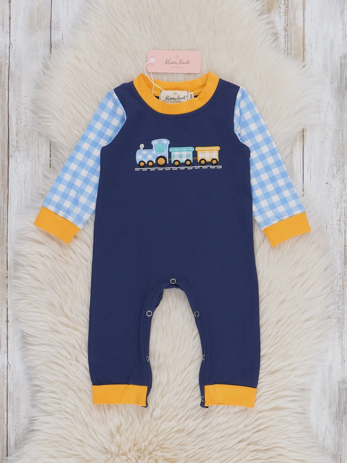 Little Conductor Gingham Train Romper