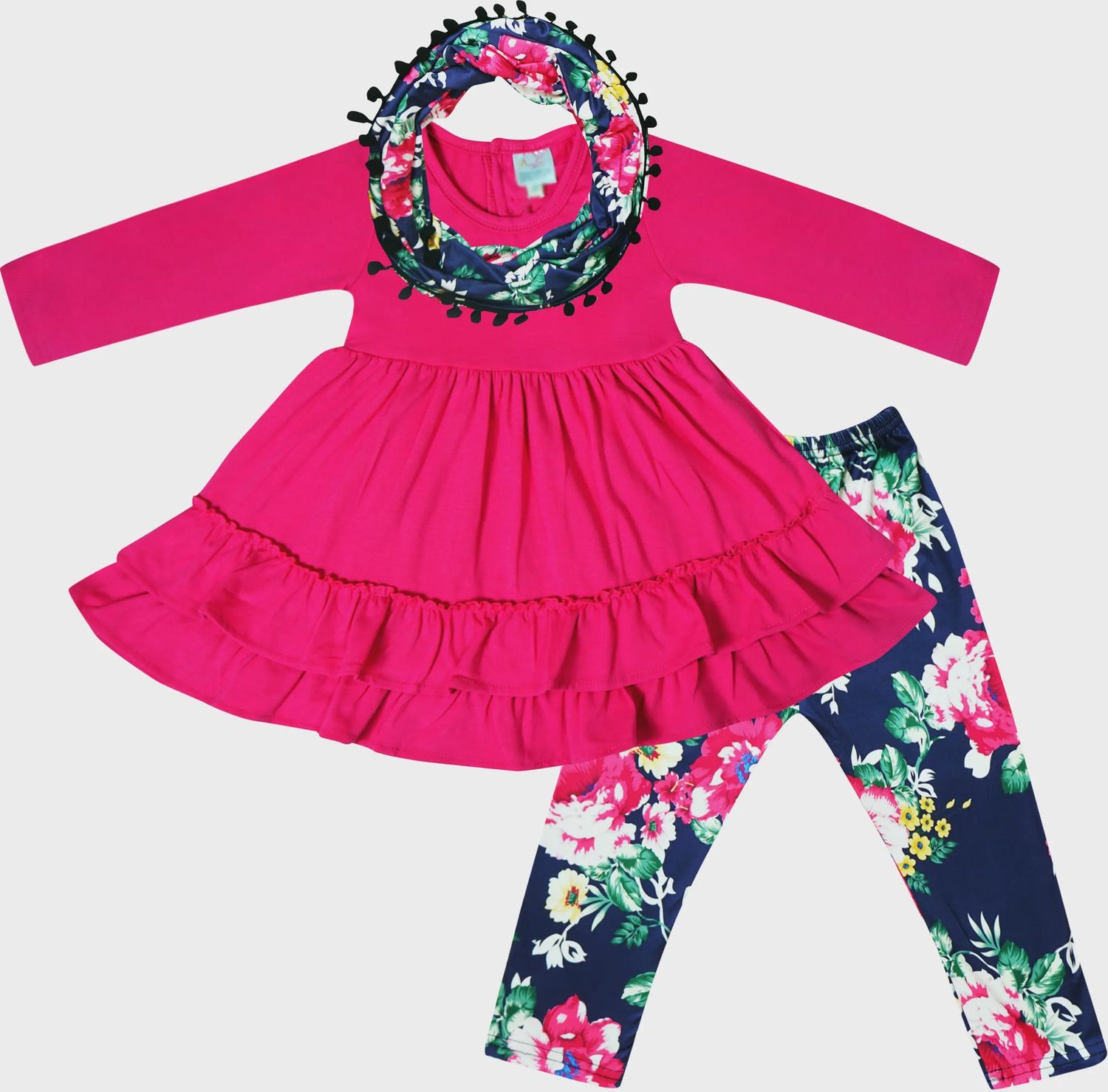 Baby Girls Floral Fuchsia Navy Top Pants Outfit Scarf Set