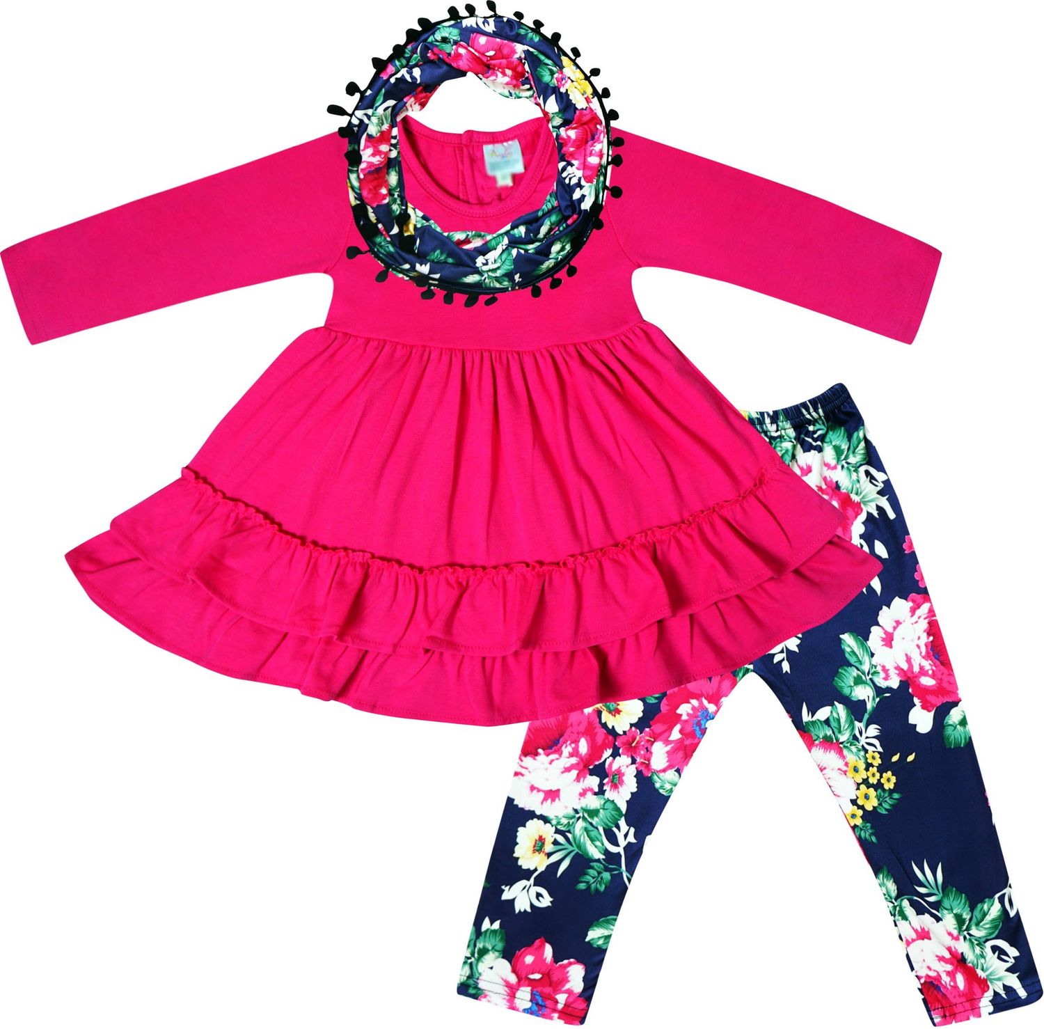 Baby Girls Floral Fuchsia Navy Top Pants Outfit Scarf Set