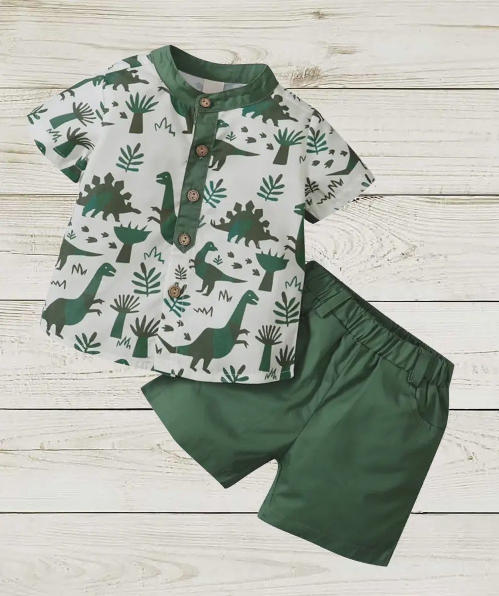 Green Dinosaur Print Henley Shirt &amp; Shorts 2pcs Boy Outfit