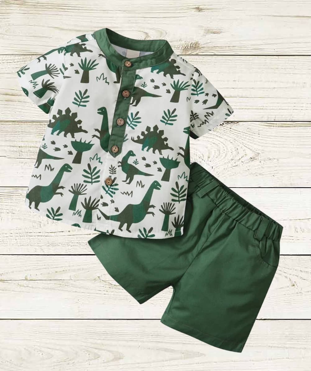 Green Dinosaur Print Henley Shirt &amp; Shorts 2pcs Boy Outfit