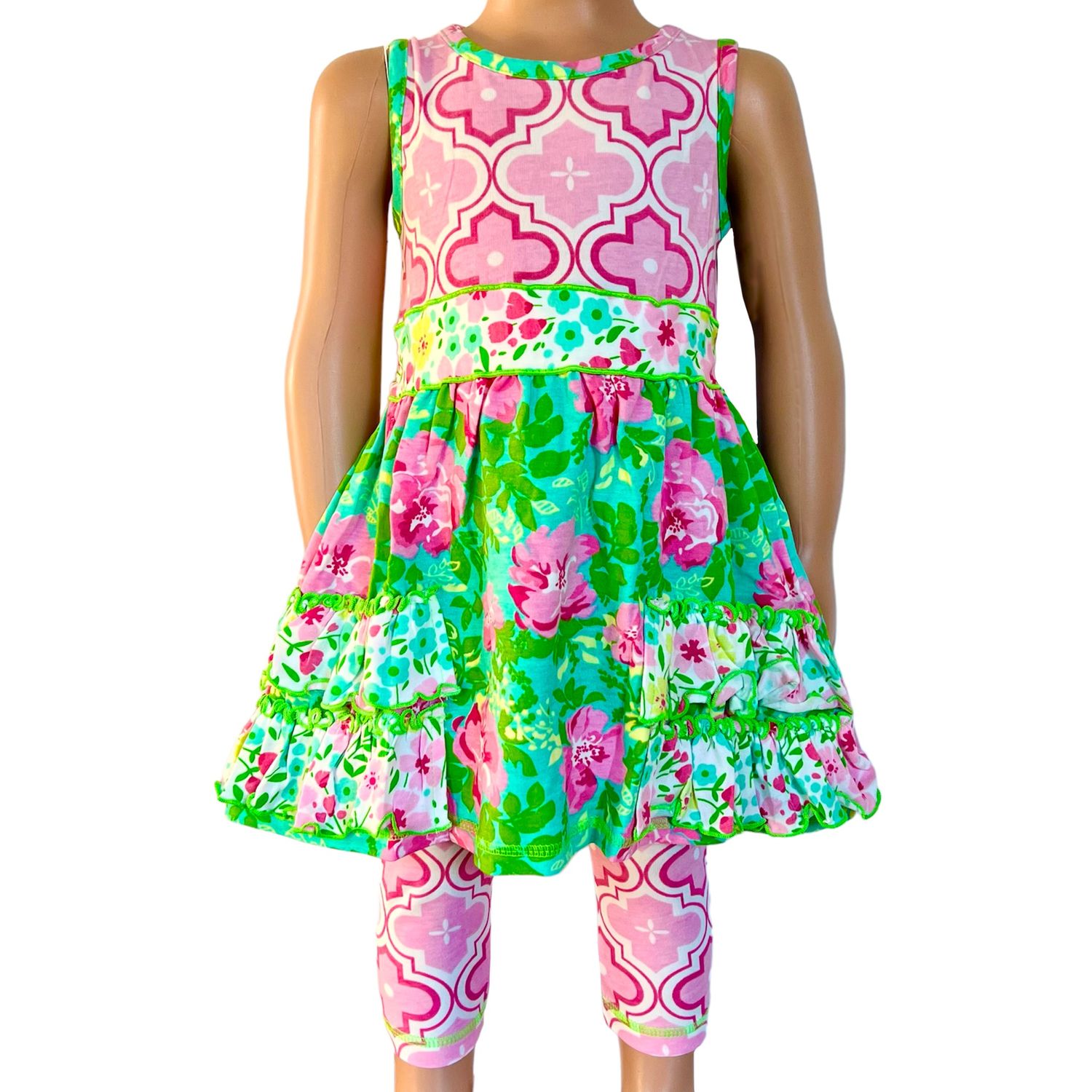 Girls Pink Floral Boutique Dress &amp; Arabesque Leggings Outfit