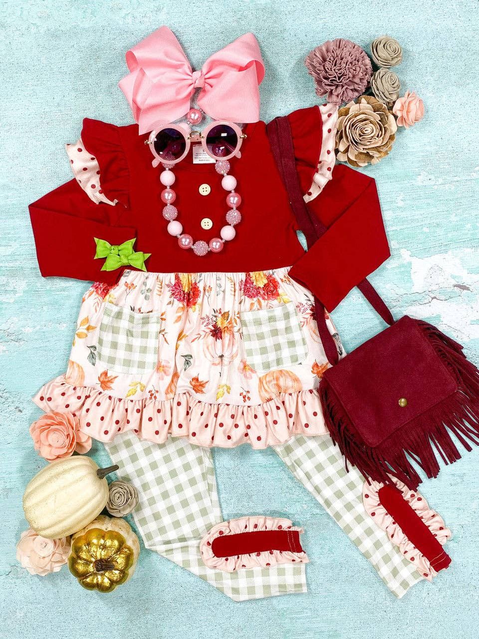 Flowers And Pumpkins Gingham Pants Set