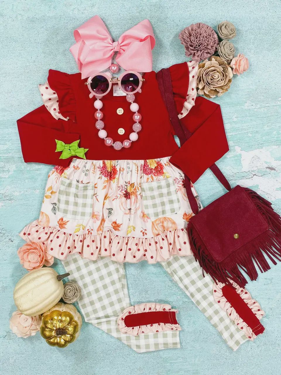 Flowers And Pumpkins Gingham Pants Set