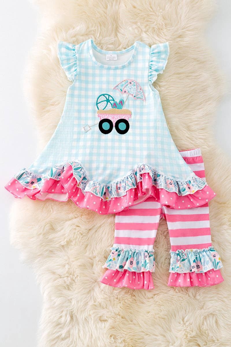 Gingham wagon application girls tunic w/ruffle &amp; stripe bottoms. OFG50382 AMY