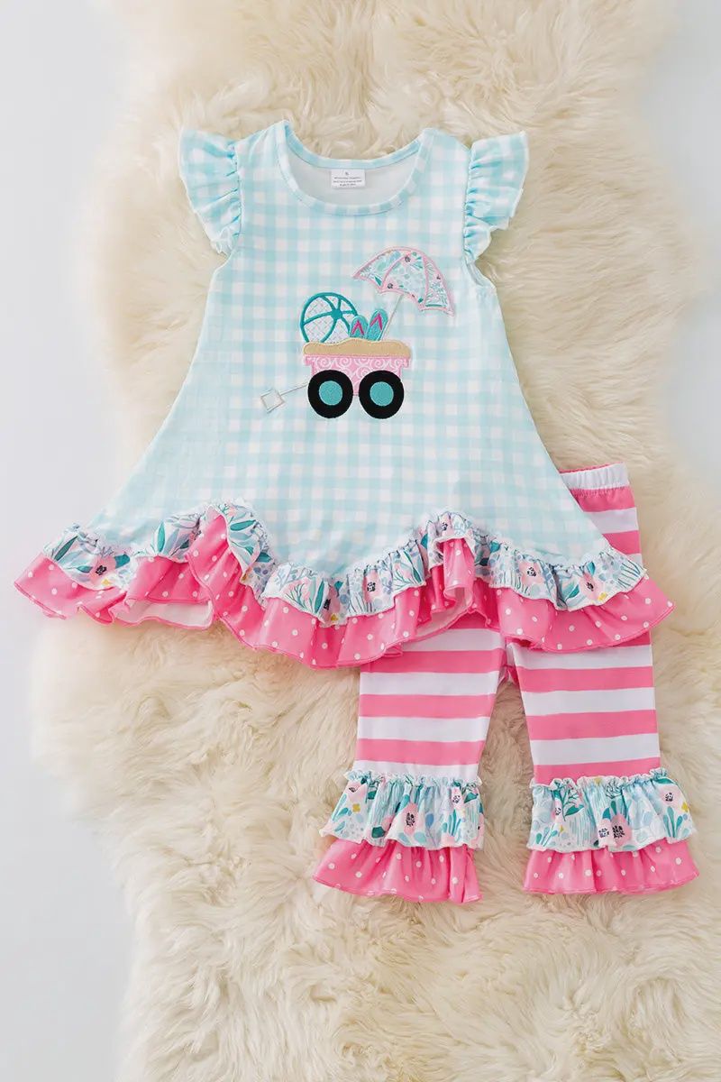 Gingham wagon application girls tunic w/ruffle &amp; stripe bottoms. OFG50382 AMY