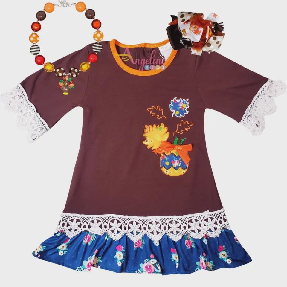 Girls' Tiered Dress and Leggings Set - Brown Turquoise
