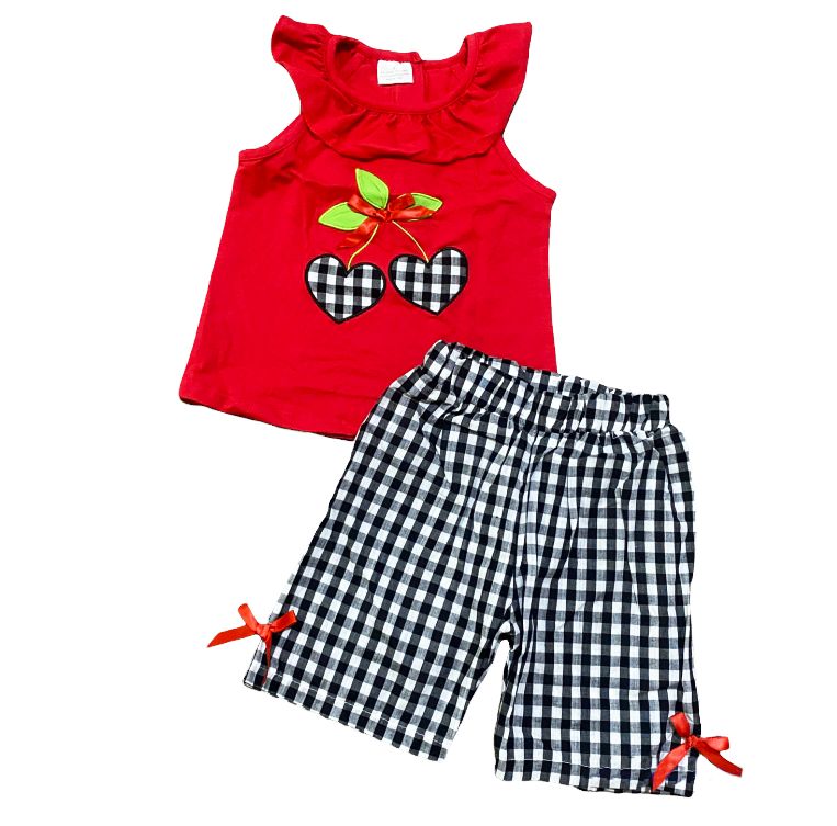Girls Red Cherry Tunic &amp; Black Gingham Capris Kids Clothing