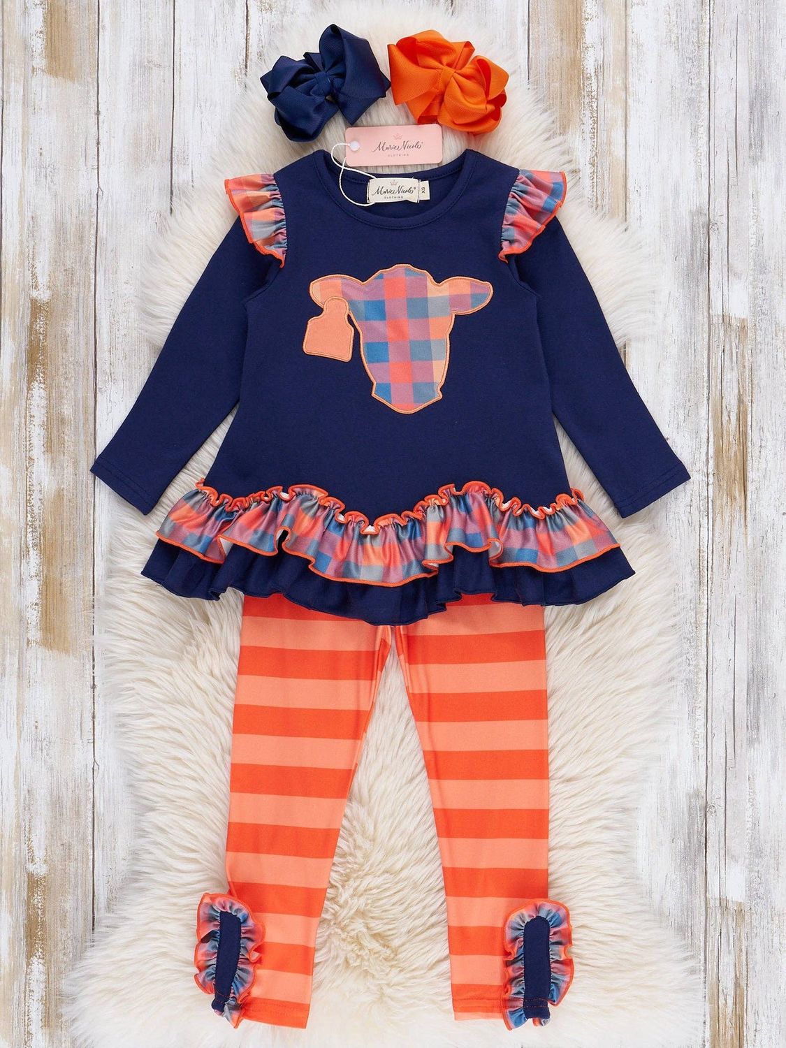 Plaid Pastures Cow Embroidered Ruffle Outfit