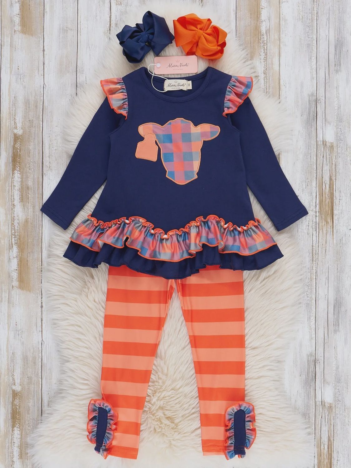 Plaid Pastures Cow Embroidered Ruffle Outfit