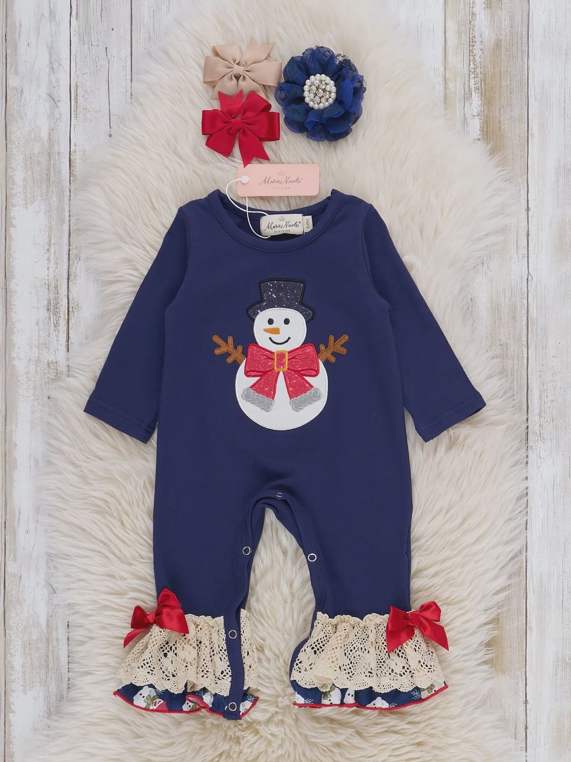 Snowman Embroidered Lace Ruffle Romper