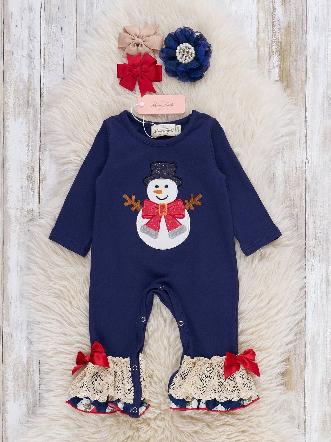 Snowman Embroidered Lace Ruffle Romper