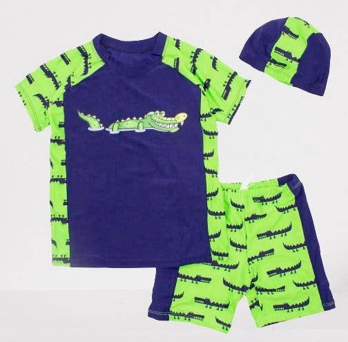 Navy-Green Crocodile 3pcs Boy Swimwear Set