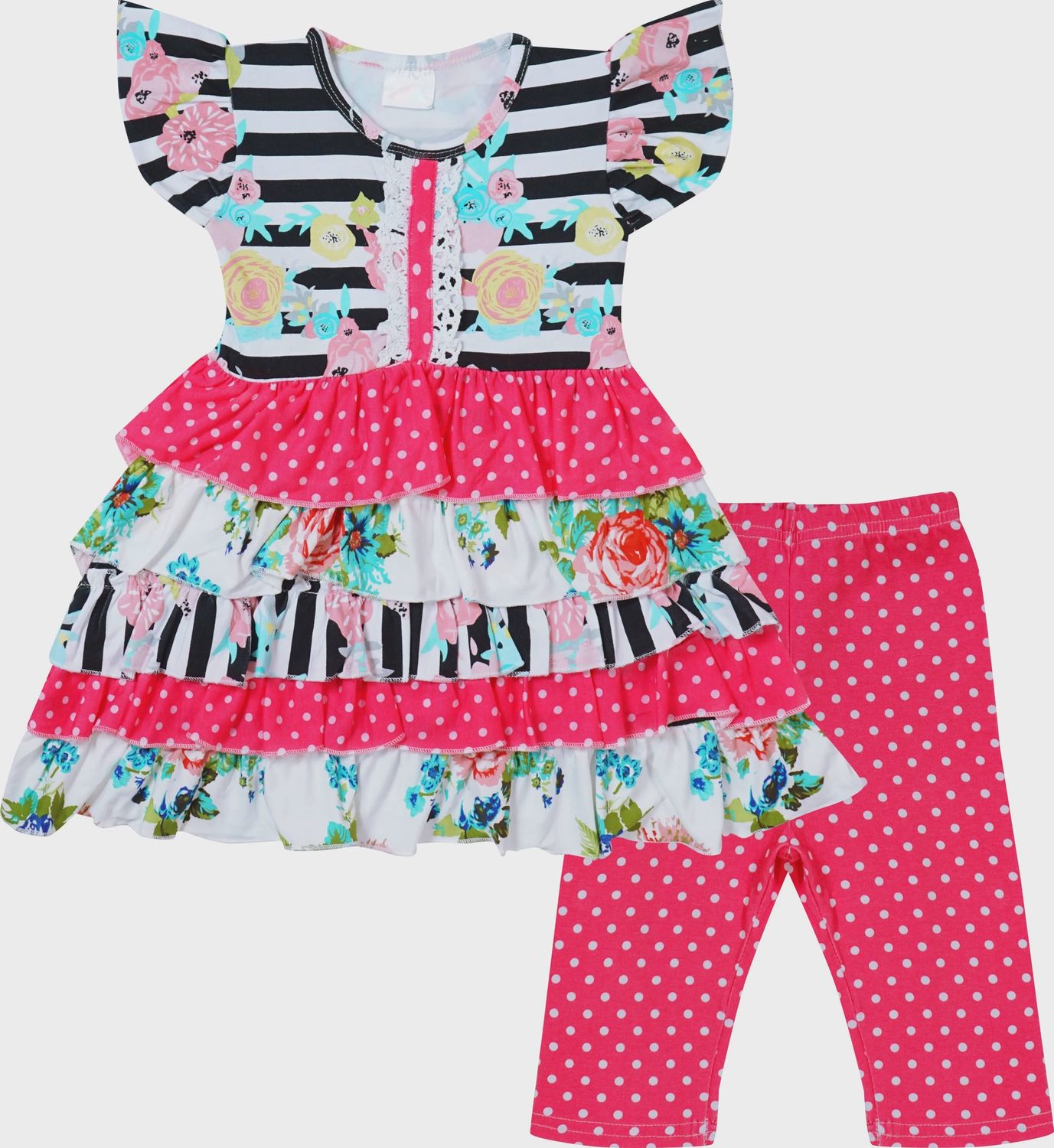 Baby Girl Summer Floral Tier Ruffle Capri Outfit Stripes