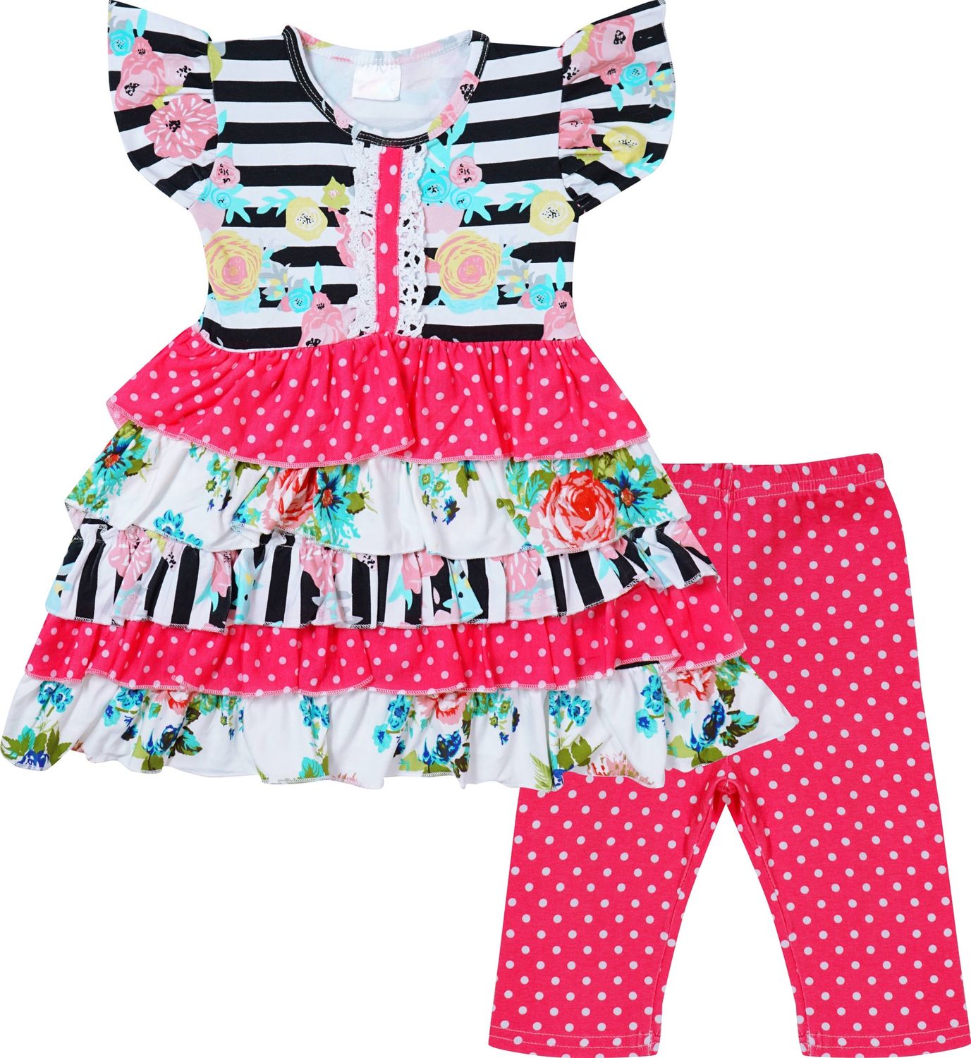 Baby Girl Summer Floral Tier Ruffle Capri Outfit Stripes