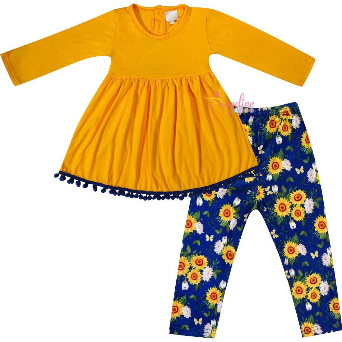 Baby Toddler Little Girls Fall Sunflower Scarf Outfit Set - Gold/Navy