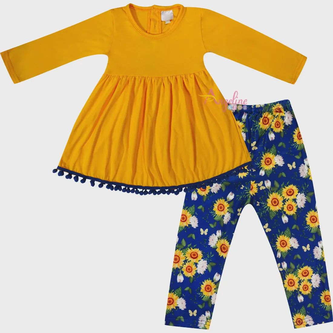 Baby Toddler Little Girls Fall Sunflower Scarf Outfit Set - Gold/Navy