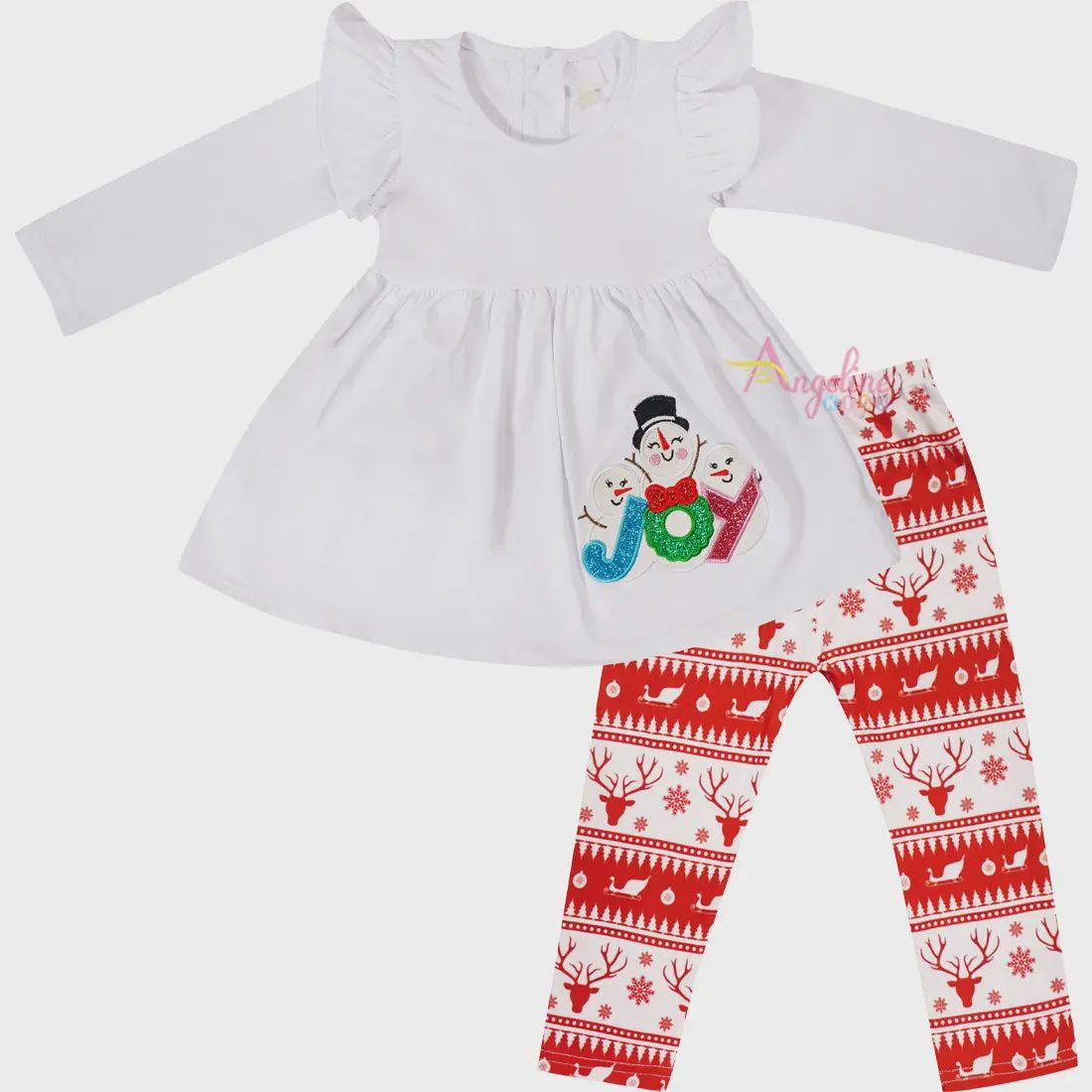 Girls Holiday White Christmas Joy Snowman Scarf Outfit Set - White/Red