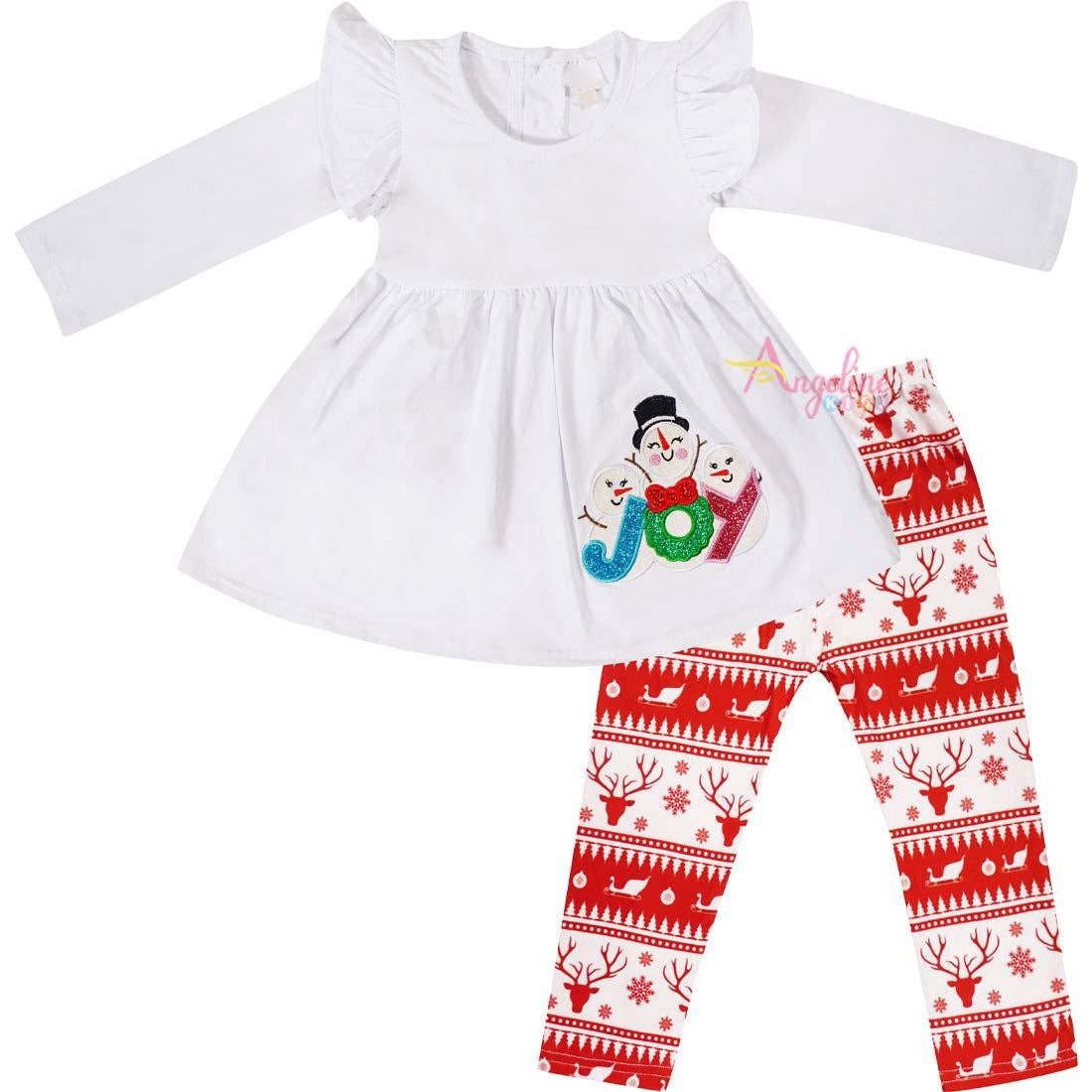 Girls Holiday White Christmas Joy Snowman Scarf Outfit Set - White/Red