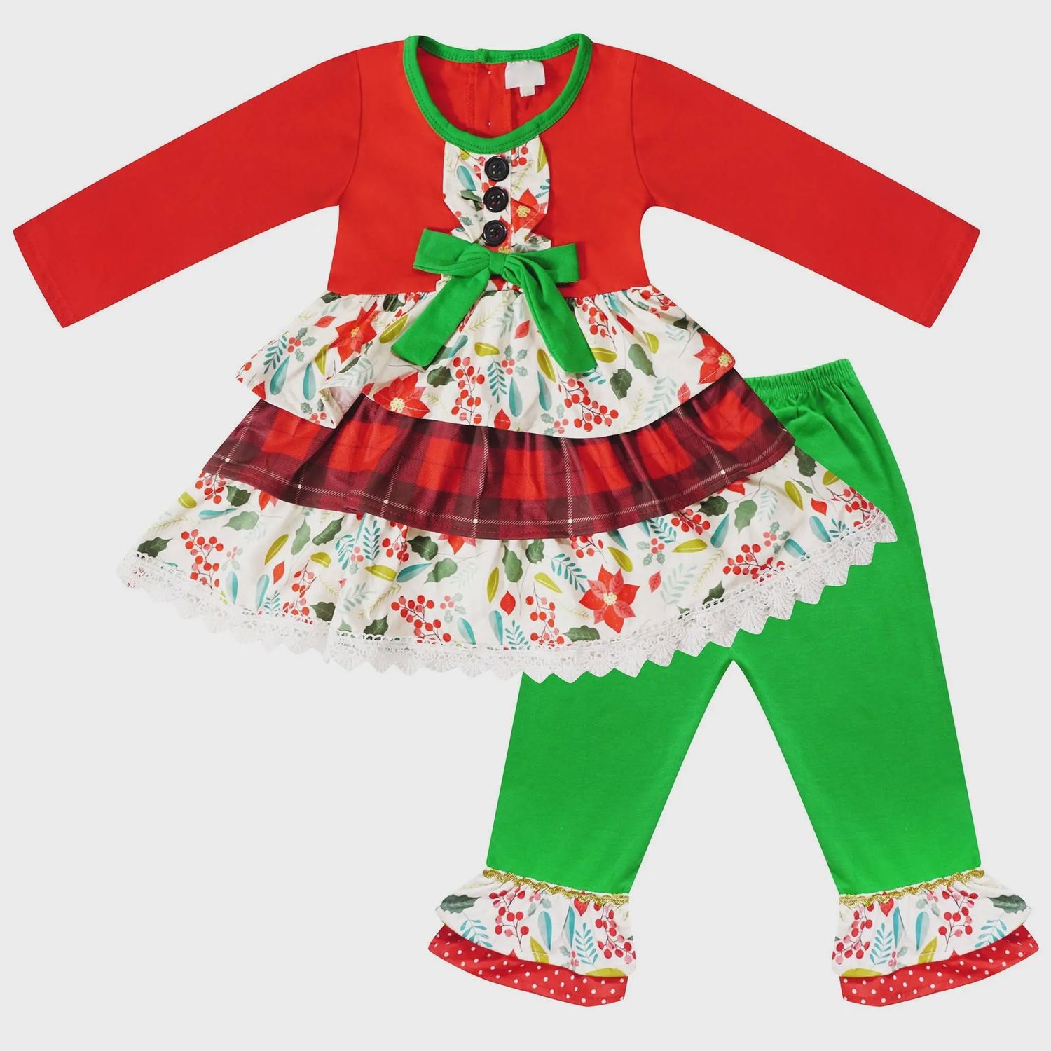 Girls Christmas Holiday Ruffle Tiered Outfit Set