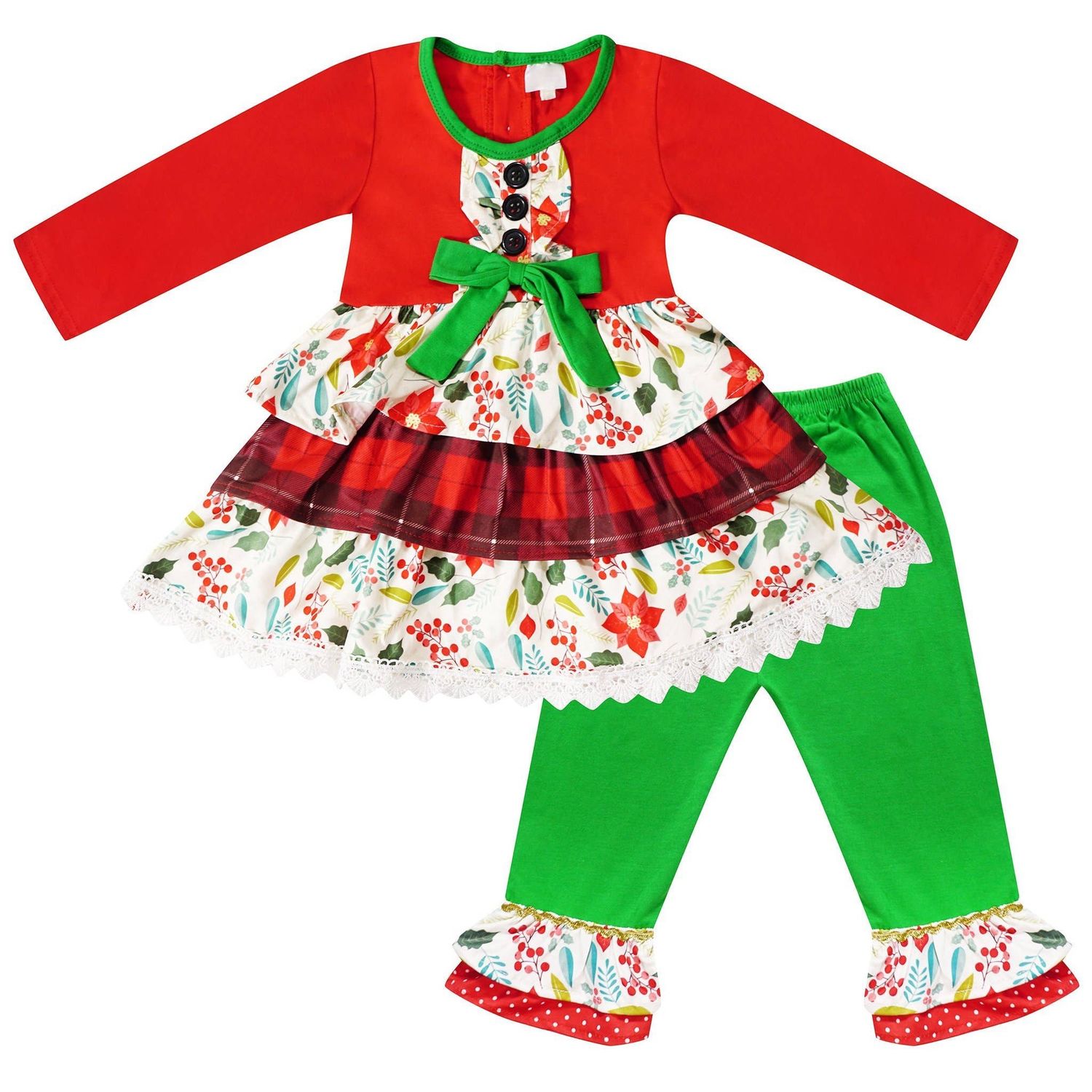Girls Christmas Holiday Ruffle Tiered Outfit Set