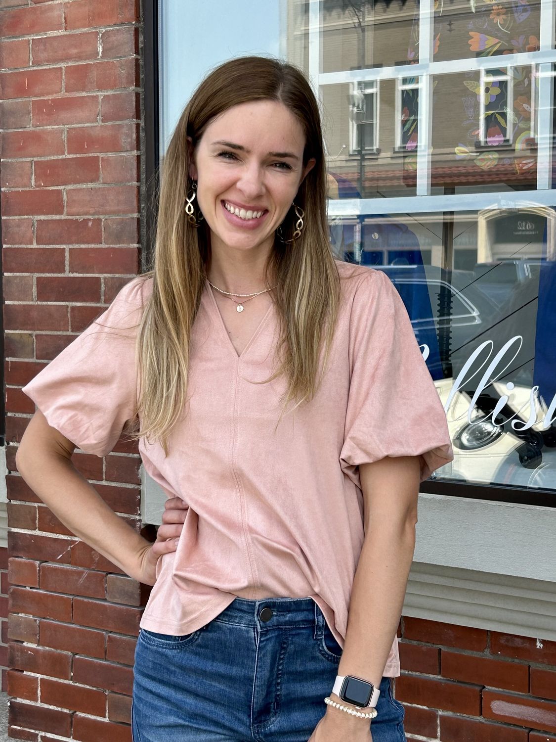 Ivy Jane Suede Bubble Sleeve Top in Rose