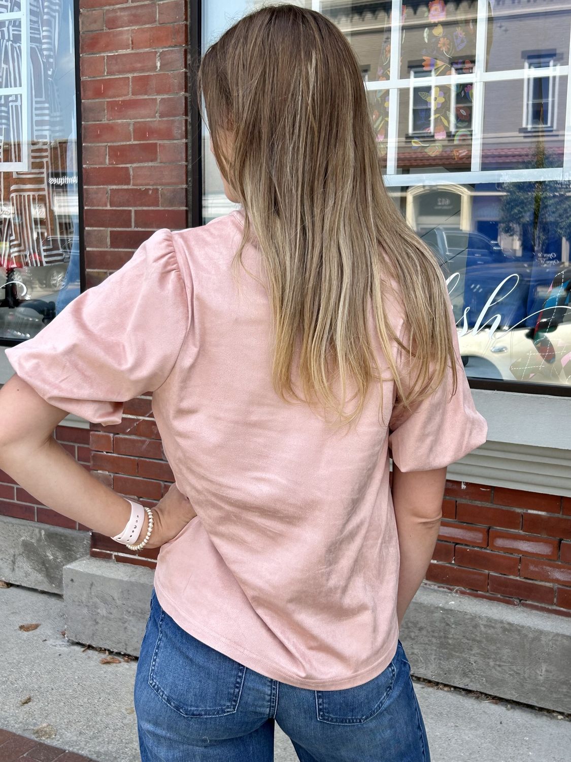 Ivy Jane Suede Bubble Sleeve Top in Rose