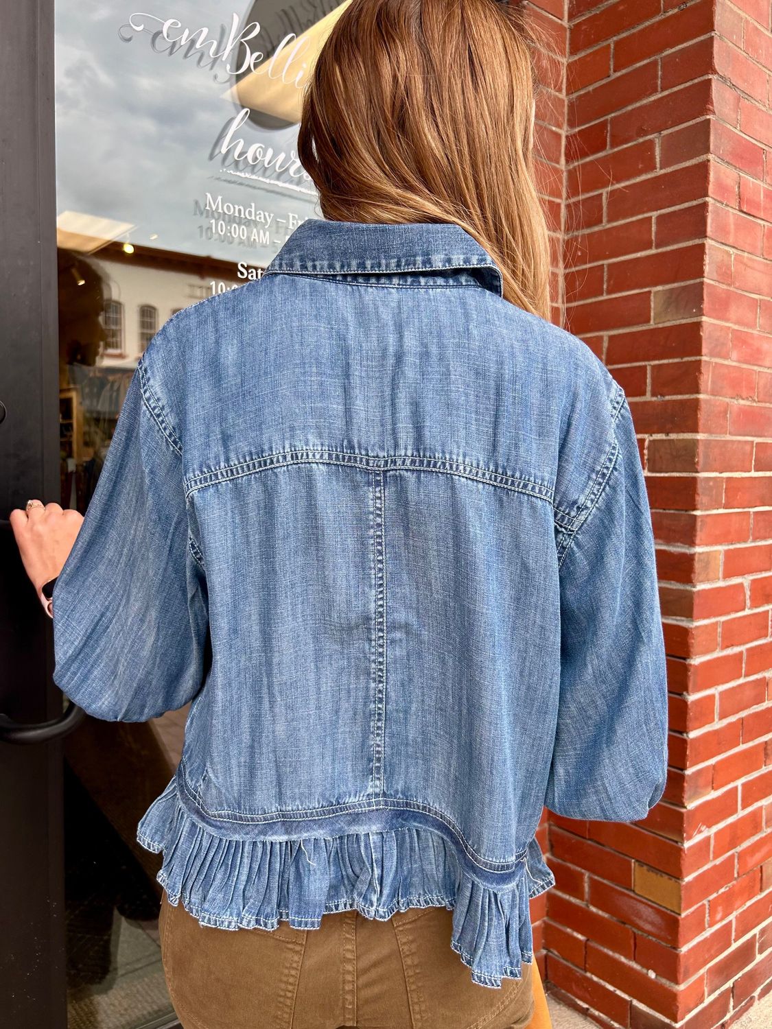 Ivy Jane 3/4 Sleeve Denim Ruffle Top in Indigo